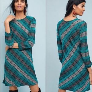 Aldomartins for Anthropologie Knit Wool Plaid Sweater Dress, Green/Gray, size M